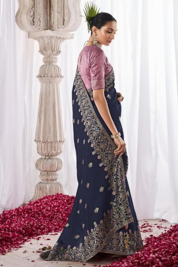 Weaving Work Attractive Art Silk Saree In Navy Blue Color