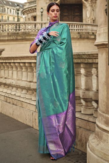 Creative Weaving Work Saree In Teal Color Art Silk Fabric