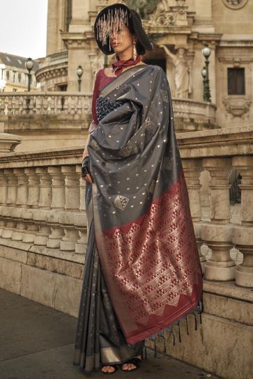 Marvelous Art Silk Fabric Weaving Work Saree In Grey Color