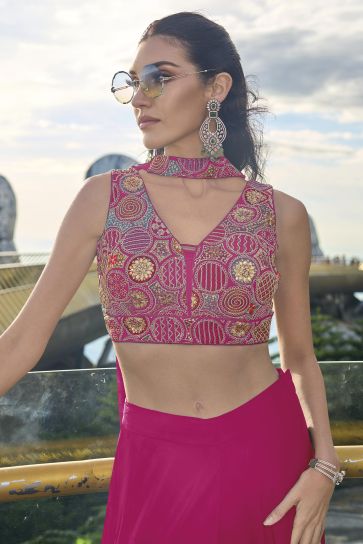 Chinon Fabric Magenta Color Embroidered Readymade Indo Western Crop Top With Palazzo