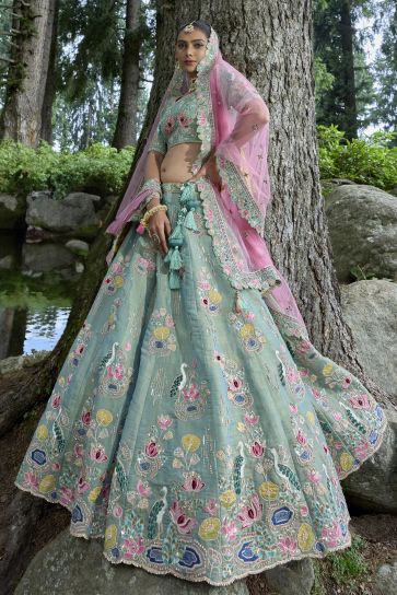 Heavy Embroidered Light Cyan Color Bridal Lehenga Choli In Viscose Fabric