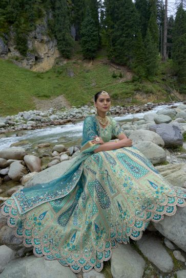 Embroidered Sea Green Color Bridal Lehenga In Viscose Fabric With Designer Choli