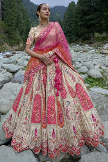Viscose Fabric Wedding Wear 3 Piece Lehenga Choli In Beige Color With Embroidery Work