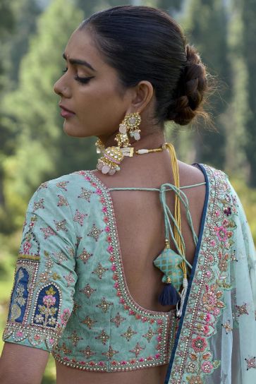 Cyan Color Viscose Fabric Bridal Lehenga Choli With Embroidery Work