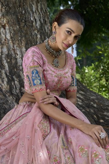 Viscose Fabric Pink Color Wedding Wear 3 Piece Lehenga Choli With Embroidery Work