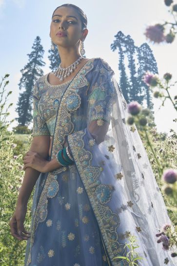 Viscose Fabric Bridal Lehenga Choli With Embroidery Work In Grey Color