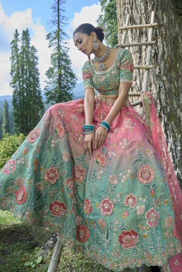 Sea Green Color Viscose Fabric Heavy Embroidery Work Bridal Look 3 Piece Lehenga Choli
