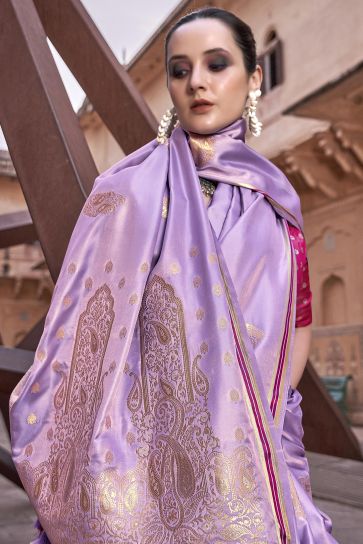 Weaving Work Flamboyant Satin Silk Fabric Saree In Lavender Color