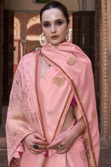 Weaving Work Captivating Satin Silk Fabric Saree In Pink Color