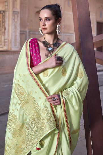Weaving Work Awesome Satin Silk Fabric Saree In Sea Green Color