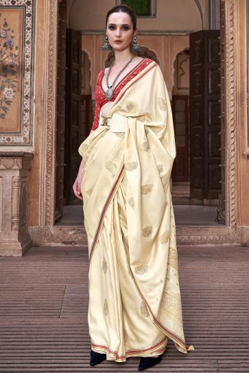 Beige Color Fantastic Satin Silk Fabric Saree With Weaving Work