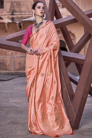 Appealing Weaving Work Satin Silk Fabric Saree In Peach Color