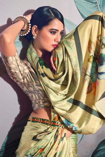 Green Color Charismatic Digital Printed Satin Fabric Saree 