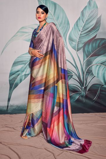 Ingenious Digital Printed Multi Color Satin Fabric Saree 