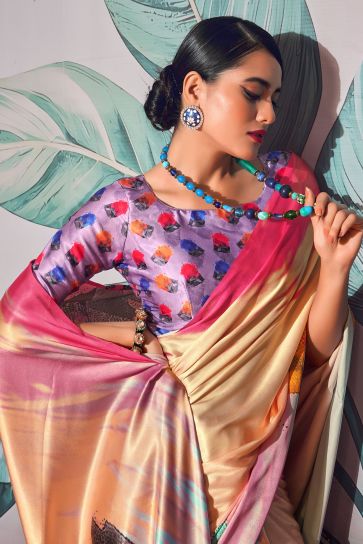 Fashionable Cream Color Digital Printed Satin Fabric Saree 