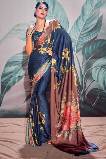 Glamorous Navy Blue Color Digital Printed Satin Fabric Saree 