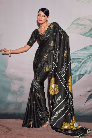 Embellished Black Color Digital Printed Satin Fabric Saree 