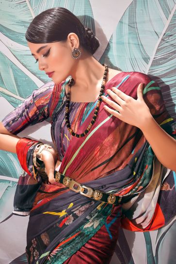 Multi Color Fascinating Digital Printed Satin Fabric Saree 