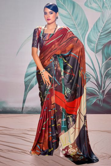 Multi Color Fascinating Digital Printed Satin Fabric Saree 