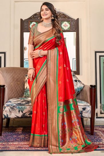 Red Color Charismatic Weaving Designs Paithani Silk Saree 