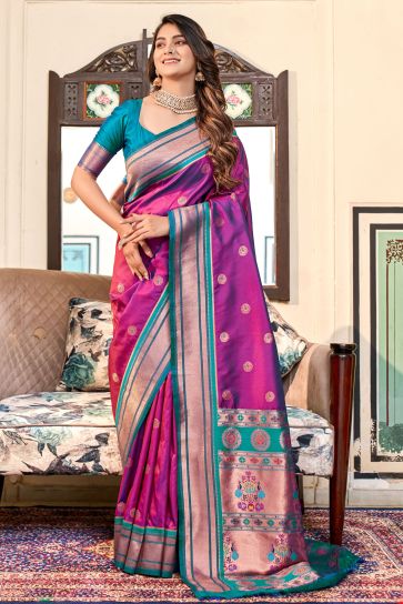 Phenomenal Weaving Designs Purple Color Paithani Silk Saree 