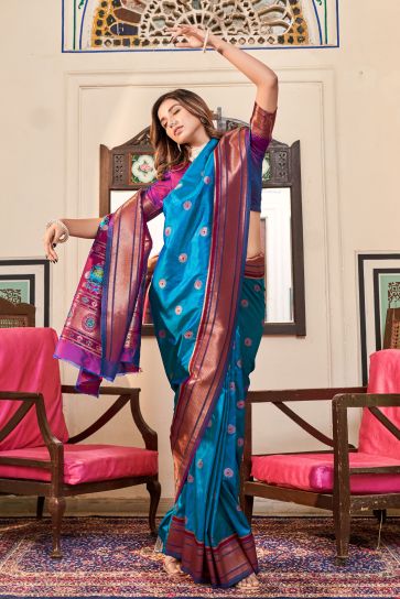 Fashionable Cyan Color Weaving Designs Paithani Silk Saree 