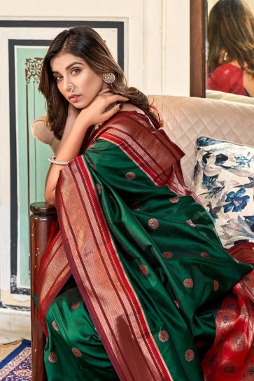 Glamorous Green Color Weaving Designs Paithani Silk Saree 