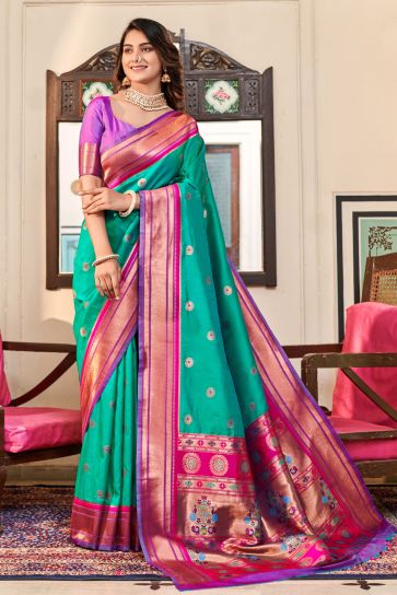 Sea Green Color Gorgeous Weaving Designs Paithani Silk Saree 