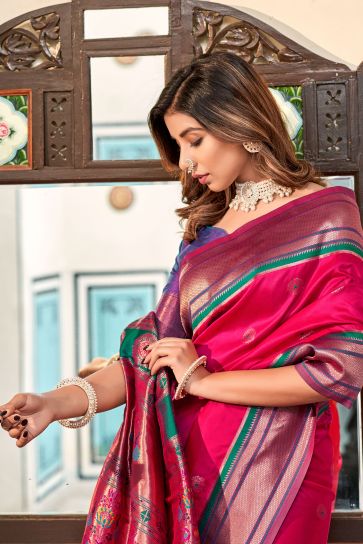 Embellished Rani Color Weaving Designs Paithani Silk Saree 