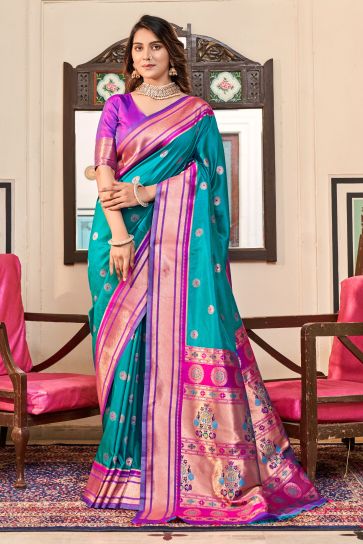 Cyan Color Fascinating Weaving Designs Paithani Silk Saree 