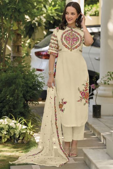 Embroidered Off White Color Readymade Designer Salwar Suit In Art Silk Fabric