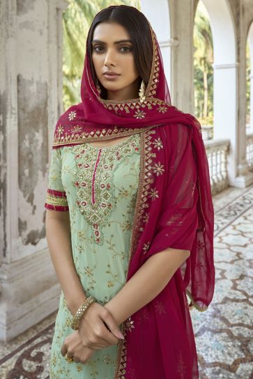 Embroidered Sea Green Color Palazzo Salwar Kameez In Georgette Fabric