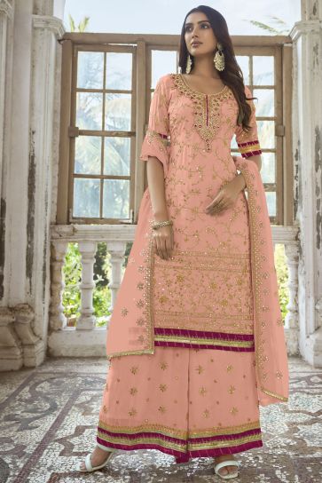 Peach Color Embroidered Palazzo Suit In Georgette Fabric