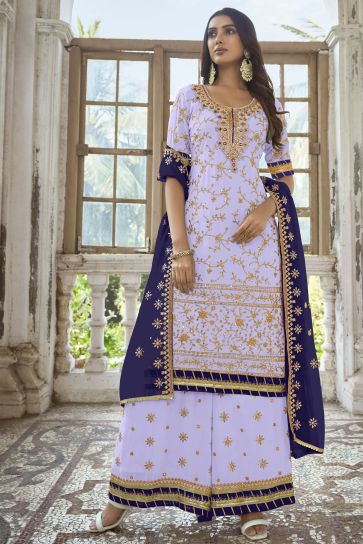 Embroidered Georgette Fabric Palazzo Suit In Lavender Color