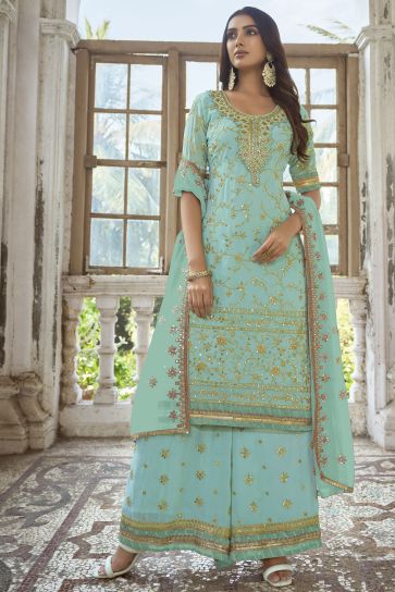 Cyan Color Embroidered Palazzo Salwar Suit In Georgette Fabric