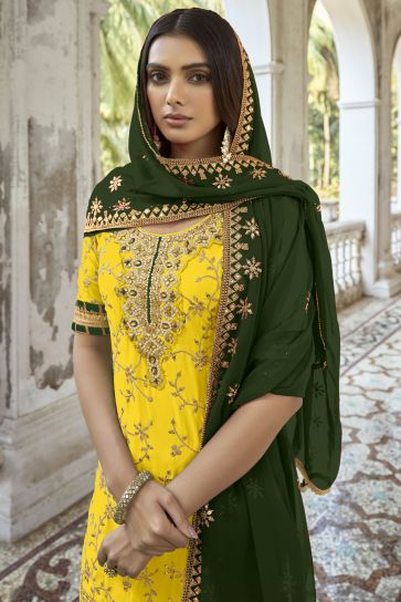 Georgette Fabric Yellow Color Festive Wear Embroidered Palazzo Salwar Kameez