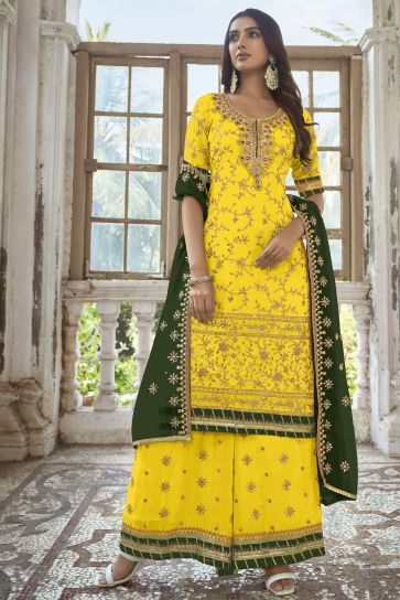 Georgette Fabric Yellow Color Festive Wear Embroidered Palazzo Salwar Kameez