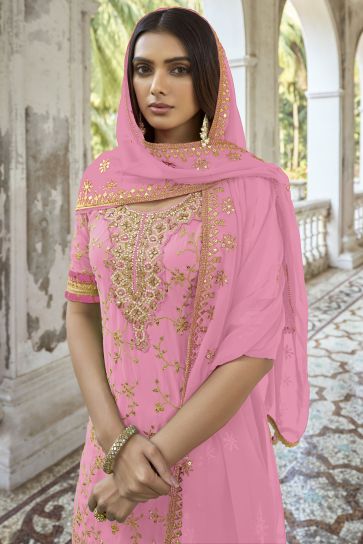 Georgette Fabric Reception Wear Embroidered Palazzo Salwar Kameez In Pink Color
