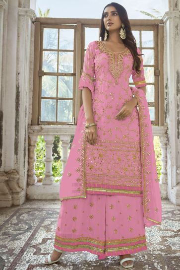Georgette Fabric Reception Wear Embroidered Palazzo Salwar Kameez In Pink Color