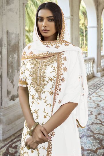 Sangeet Wear Embroidered Palazzo Salwar Kameez In Georgette Fabric White Color