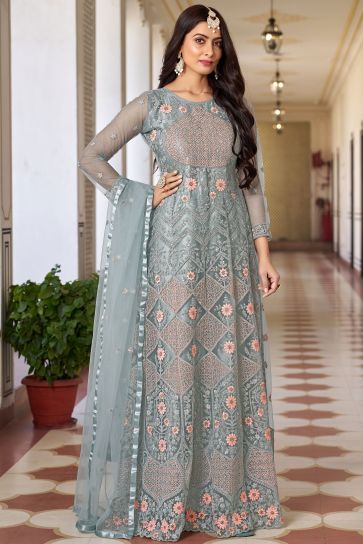 Radiant Light Cyan Color Net Fabric Embroidered Work Anarkali Suit In Sangeet Wear