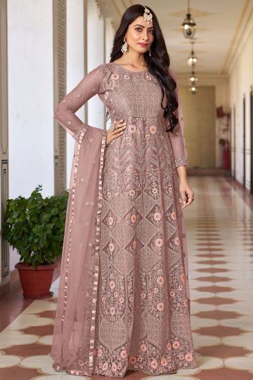 Sangeet Wear Net Fabric Peach Color Excellent Embroidered Work Anarkali Suit