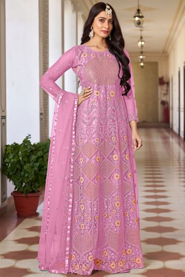 Glamorous Net Fabric Pink Color Sangeet Wear Embroidered Anarkali Suit