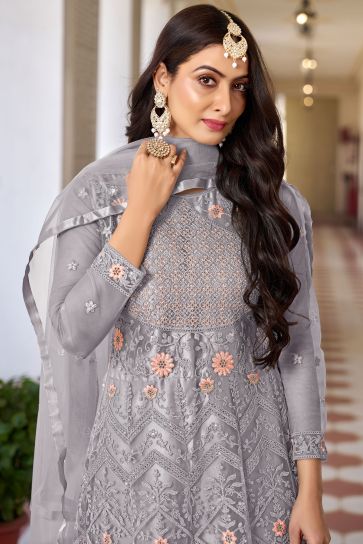 Fascinating Sangeet Wear Grey Color Net Fabric Embroidered Work Anarkali Suit