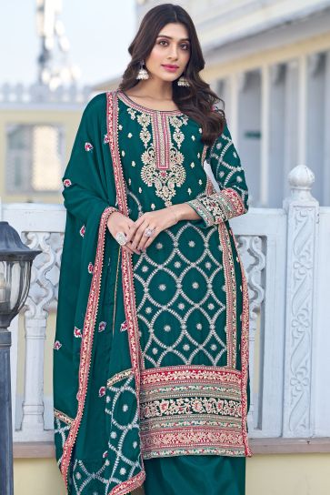 Embroidered Teal Color Palazzo Salwar Kameez In Chinon Silk Fabric