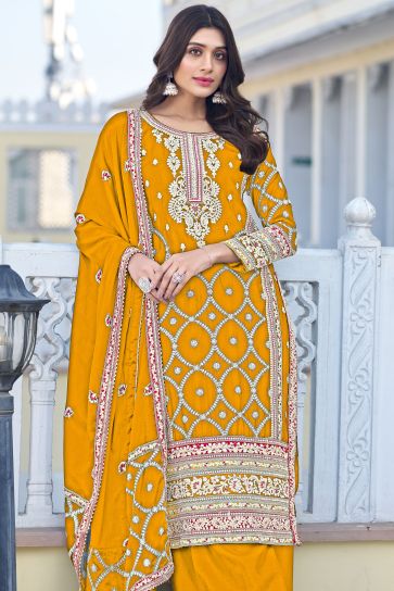 Yellow Color Embroidered Palazzo Salwar Suit In Chinon Silk Fabric