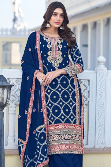 Blue Color Embroidered Palazzo Suit In Chinon Silk Fabric