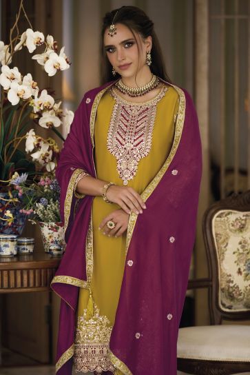 Embroidered Yellow Color Festive Wear Readymade Designer Salwar Suit In Art Silk Fabric