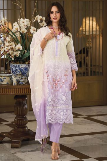 Embroidered Lavender Color Readymade Designer Straight Cut Salwar Suit In Organza Fabric