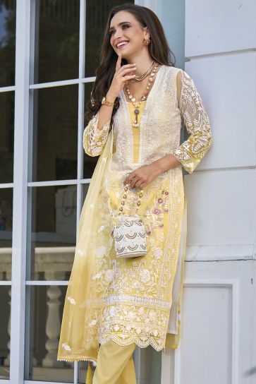 Organza Fabric Embroidered Readymade Designer Straight Cut Salwar Kameez In Yellow Color